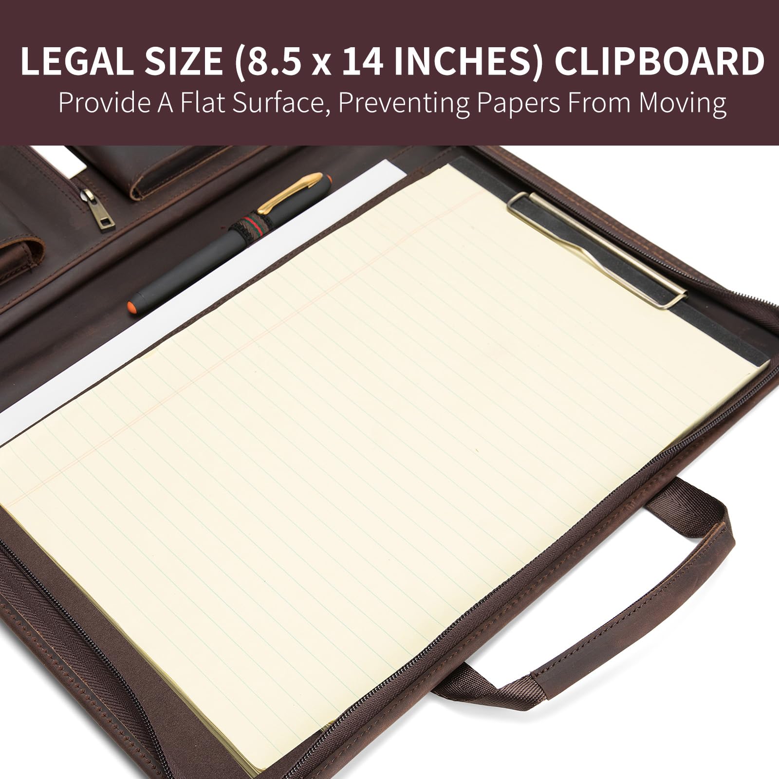 Portafolio de cuero genuino con asa y portapapeles, bloc legal (8.5 x 14 pulgadas), portadocumentos de cuero de grano completo con cremallera, 8 ranuras para tarjetas, organizador de negocios,