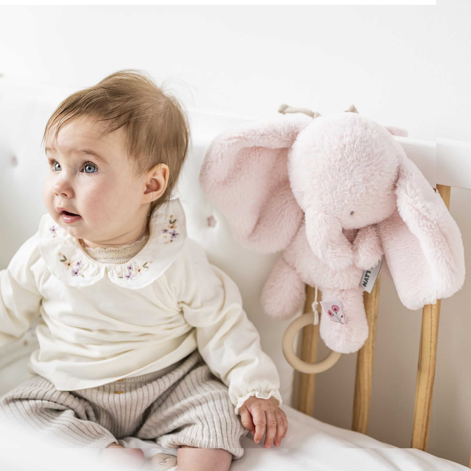 Nattou Carillon in Peluche a Pelo Lungo, Elefante, Ninna Nanna "La-Le-Lu", Con Anello, 100% Poliestere, FanFan, Rosa