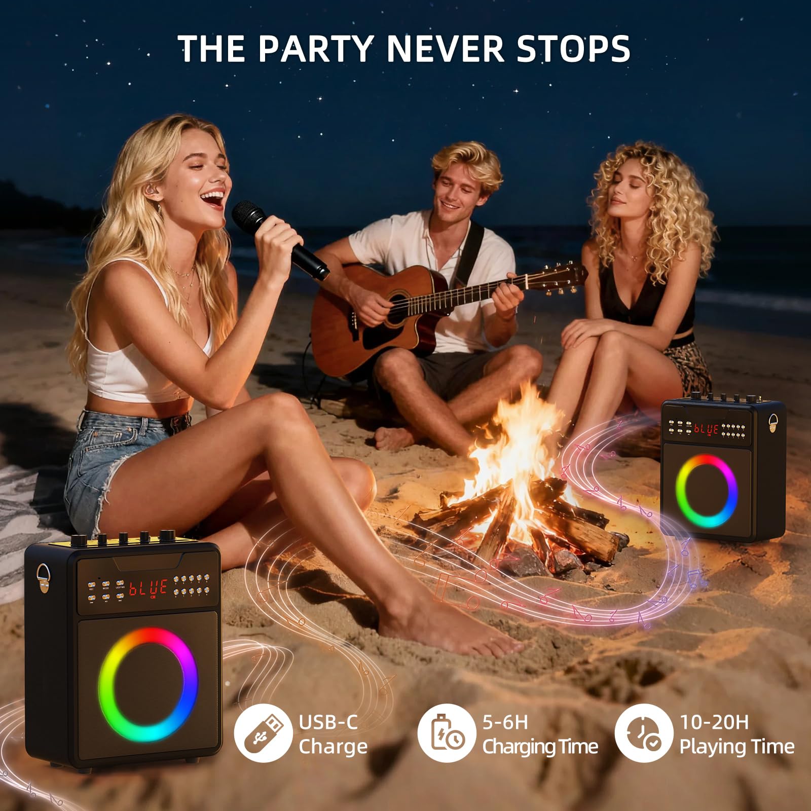 Máquina de karaoke para adultos y niños, máquina de karaoke portátil con 2 micrófonos inalámbricos, altavoz de karaoke con luces LED, soporta USB, entrada auxiliar, tarjeta TF para fiestas en casa y