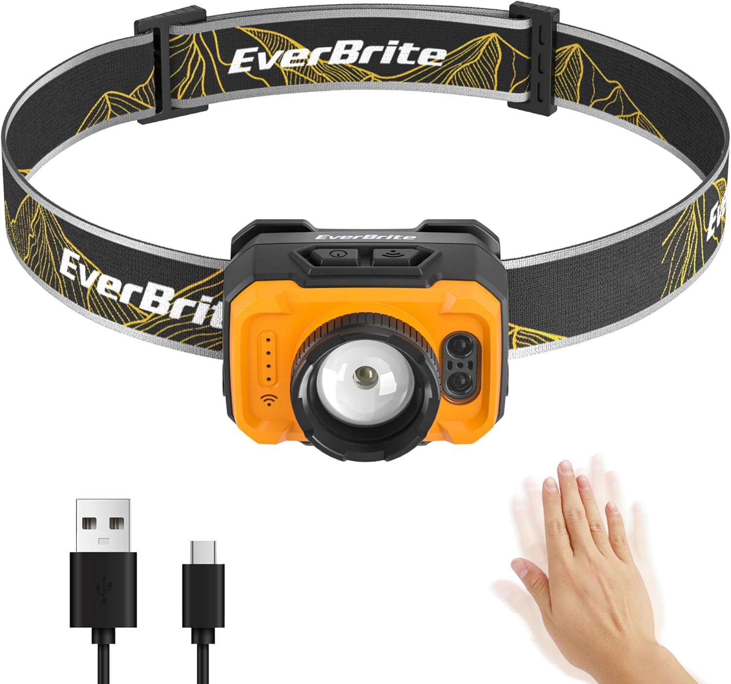EverBrite Rechargeable Headlamp, 600 Lumen Head Lamp for Adults, 4 Modes with Motion Sensor & Memory Function, Zoomable Headlamp with Spotlight & Floodlight, 75° Adjustable for Camping, Running-Orange