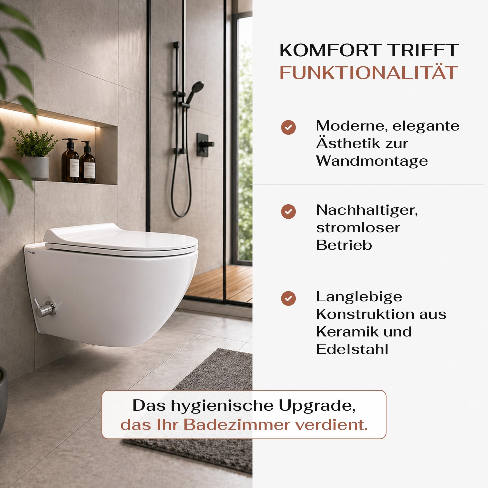 VIBA Sua Hänge Dusch WC integrierte Warm- und Kaltwasser Armatur SPÜLRANDLOS Taharet Bidet Taharat Intimdusche inkl. Slim Soft-Close Deckel