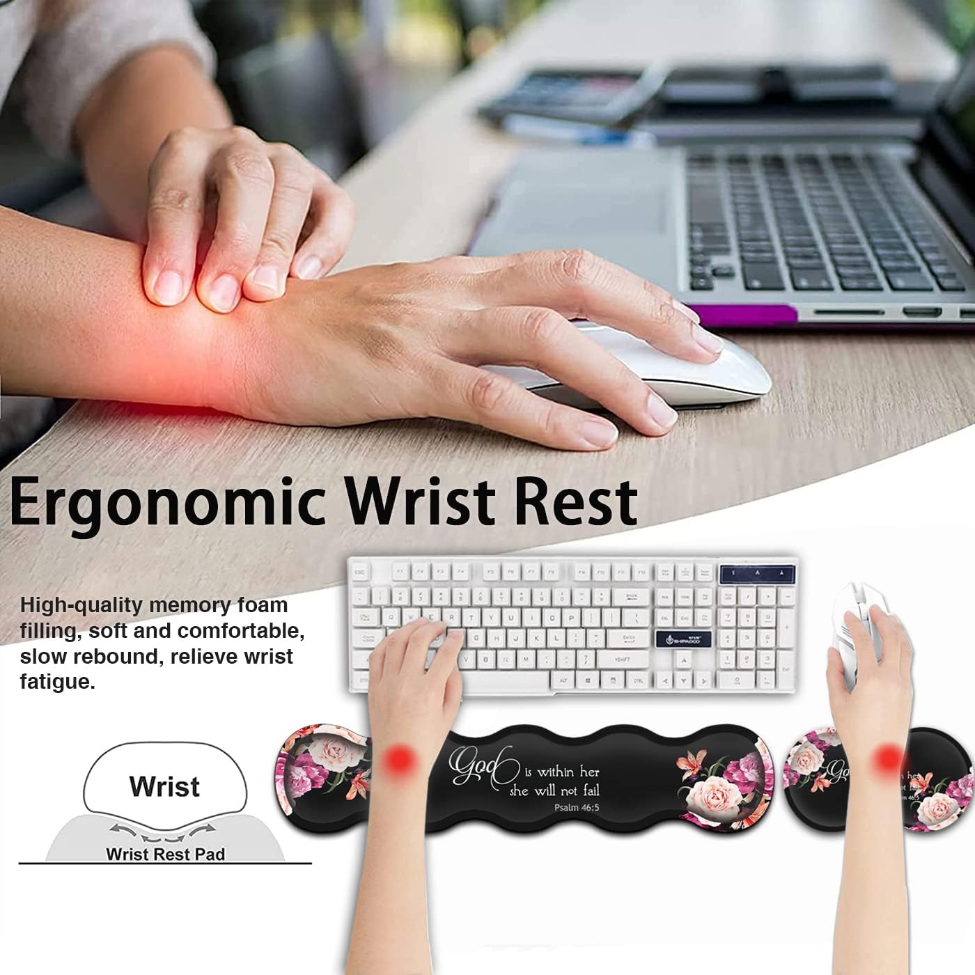 Keyboard Mouse Pad Wrist Rest Support Set, Extended Gaming Mouse Pad, Large XXL Mousepad + Ergonomic Memory Foam Wrist Rest,Office Desk Mat Waterproof Writing Pad, Peony Flower Psalm 46:5 Black