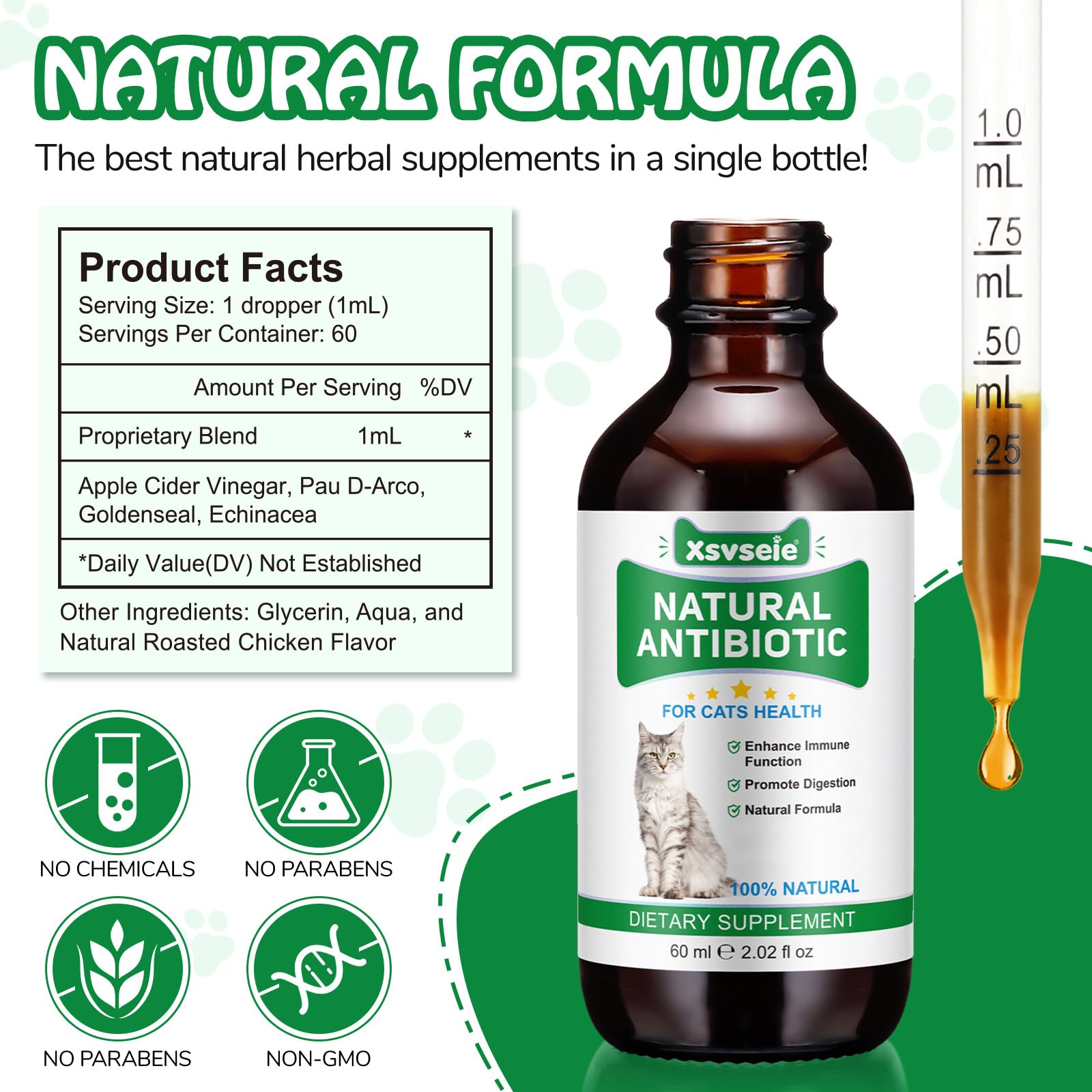 Antibiotiques naturels pour Chats, antibiotiques pour Chats, cystite, Soutien Immune & Cats Allergy Itch Relief, Health Supplies Cat UTI Antibiotiques, 60 ML (1PC)