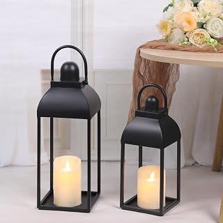 MATAHUM Black Metal Candle Lanterns Set of 2 (17" & 13") - Farmhouse Rustic Decor for Outdoor Patio, Porch, Indoor Mantel, Wedding Centerpieces