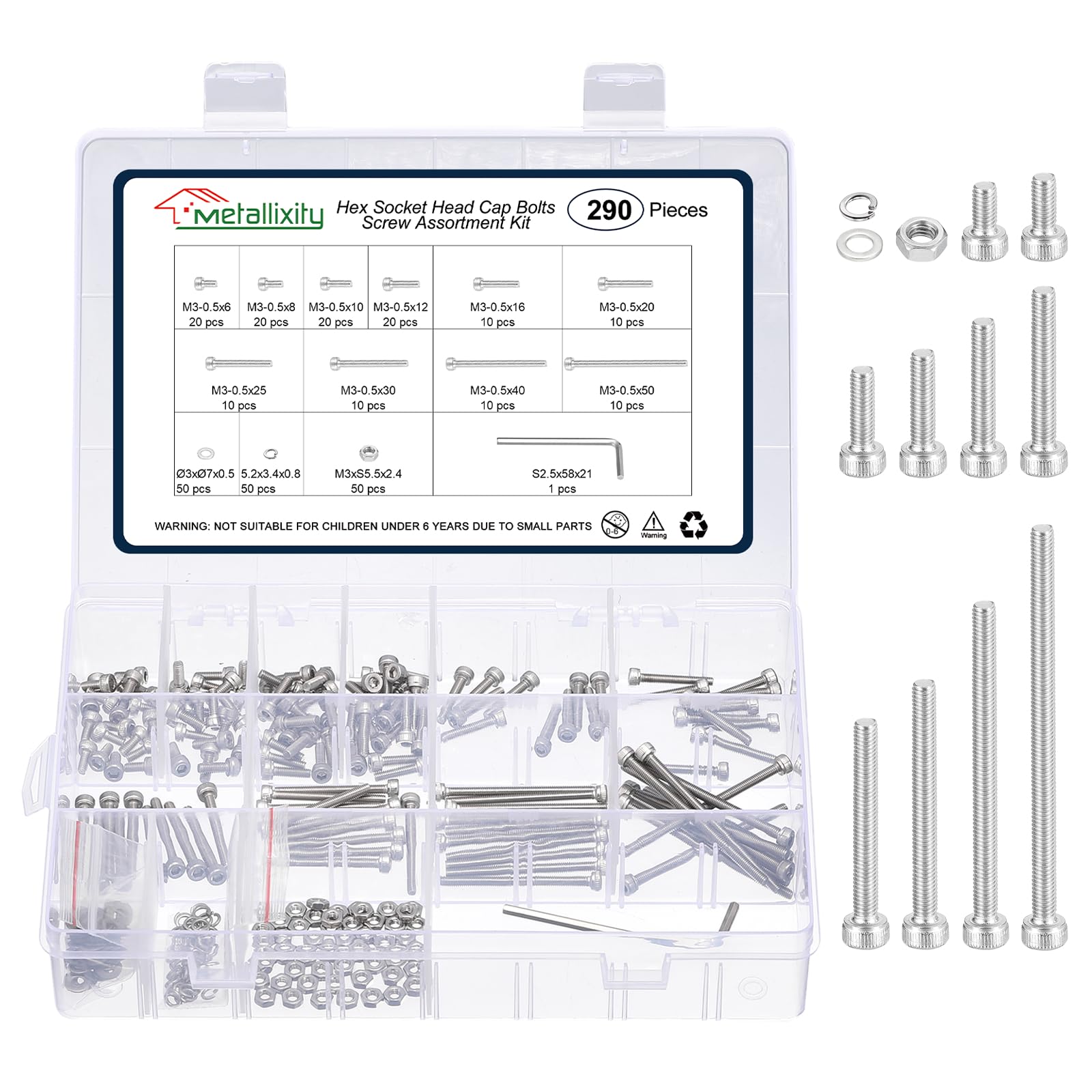 METALLIXITY Socket Head Cap Screws Kit (M3x6/8/10/12/16/20/25/30/40) 290Pcs, Stainless Steel Allen Socket Drive - Machine Internal Hex Screw, Silver — image 1