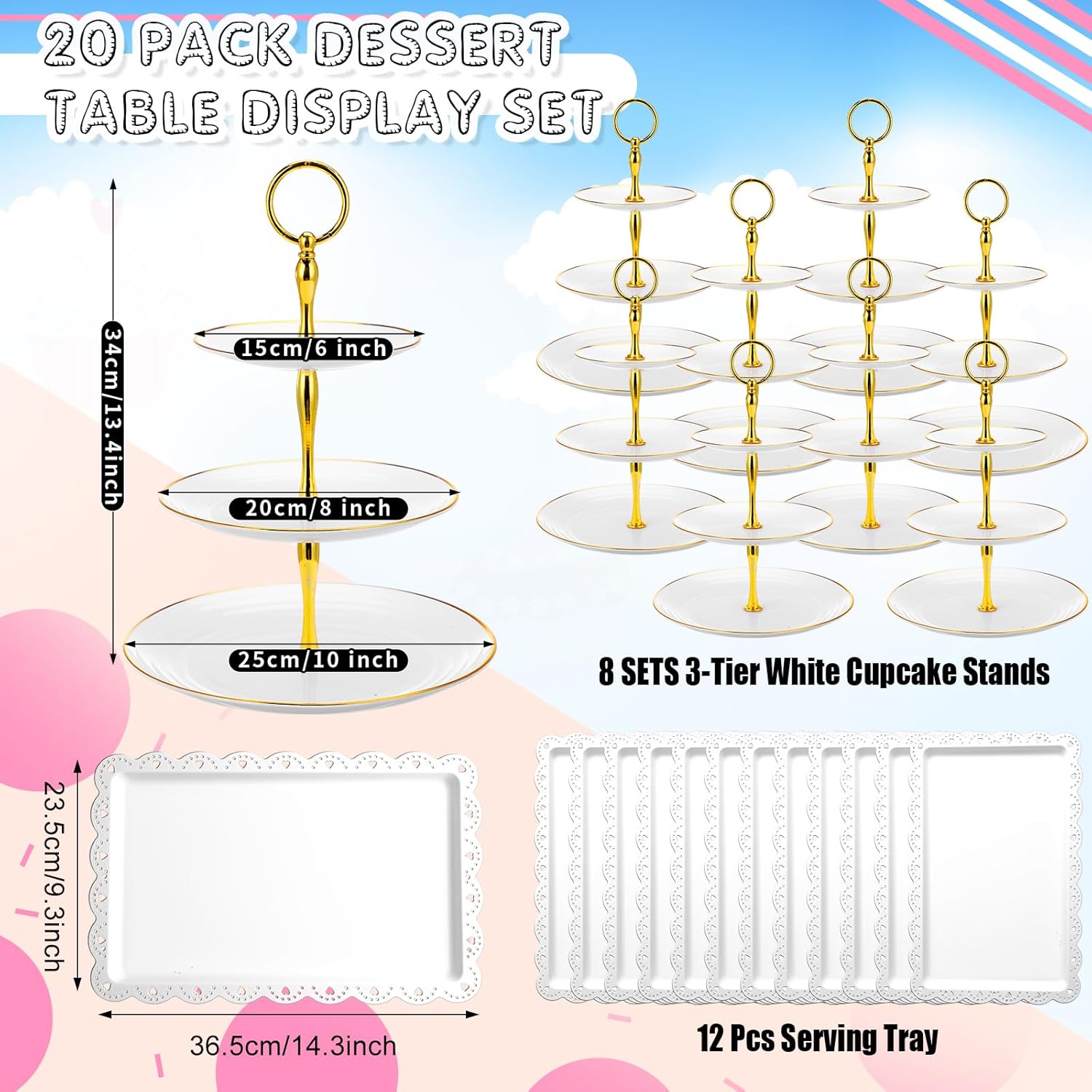 20 Pack Dessert Table Display Set 8 Pcs 3 Tiered Cupcake Stand with Gold Edges 12 Pcs White Dessert Serving Tray for Wedding Birthday Tea Party Decorations(Round)