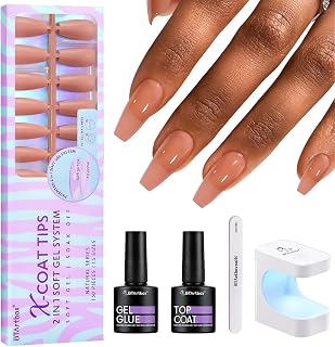 BTArtbox XCOATTIPS Gel Nail Kit - Medium Coffin Press on Nails Brown Pre-applied Tip Primer with Gel Glue and Top Coat, Fake Nails for Daily Nail Art