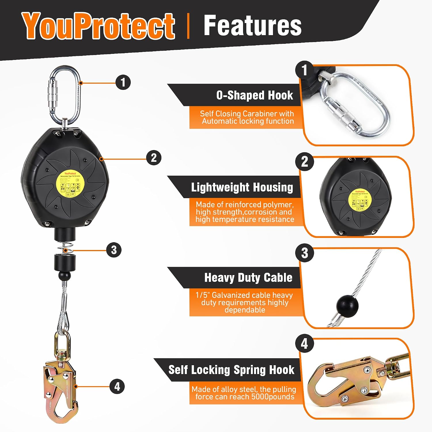 Self Retracting Lifeline 20FT Fall Protection Retractable Lanyard