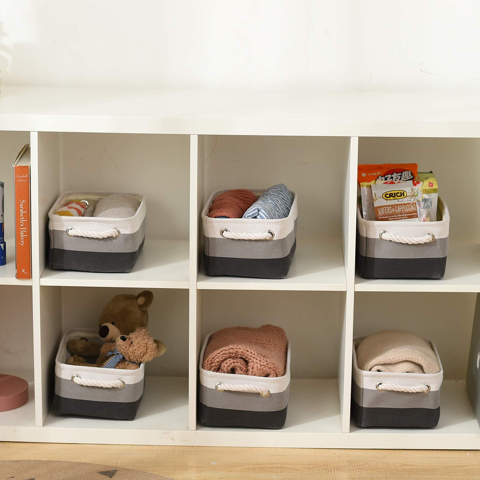 Małe kosze do przechowywania półek, kosze do przechowywania z tkaniny, składane prostokątne kosze do organizowania ubrań, zabawek, książek, prezentów [zestaw 6 sztuk, szary gradient]