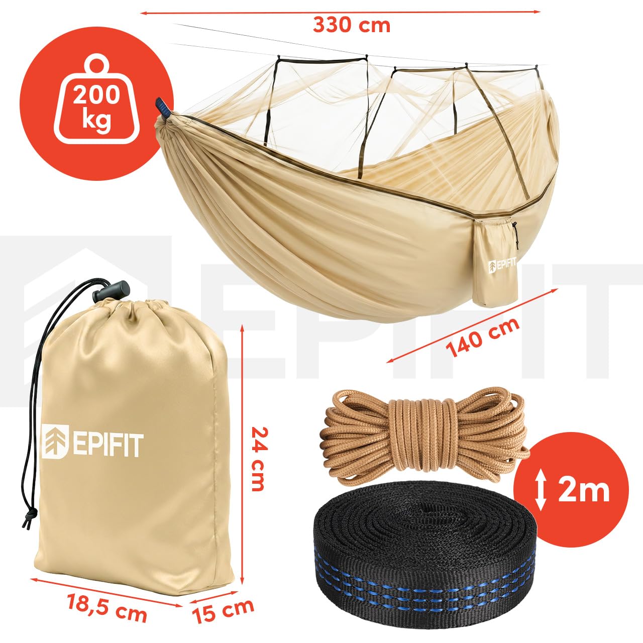 hamak z moskitierą 330 x 140 cm do 200 kg – hamak podróżny z nylonu 210T, lekki do kempingu, ogrodu i trekkingu Ranger Sahara