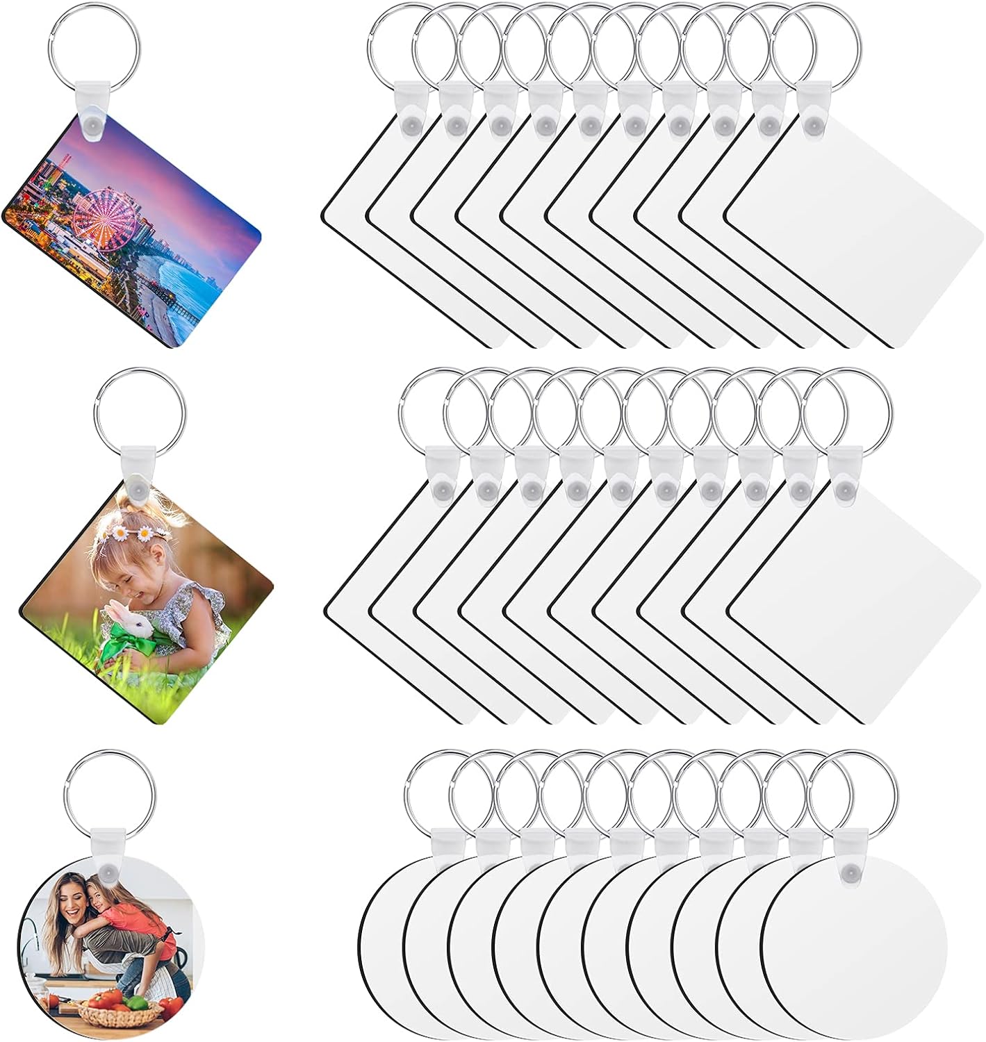 Coolrunner Sublimation Blank Keychain 30PCS Heat Transfer Double-Side Printed DIY MDF Blank Keychain (Square, Round, Rectangle)