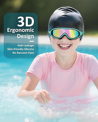 Miniatura 6 de Gafas de natación para niños, antivaho, protección UV y amplia visión con gorro de natación para niños de 3 a 15 años