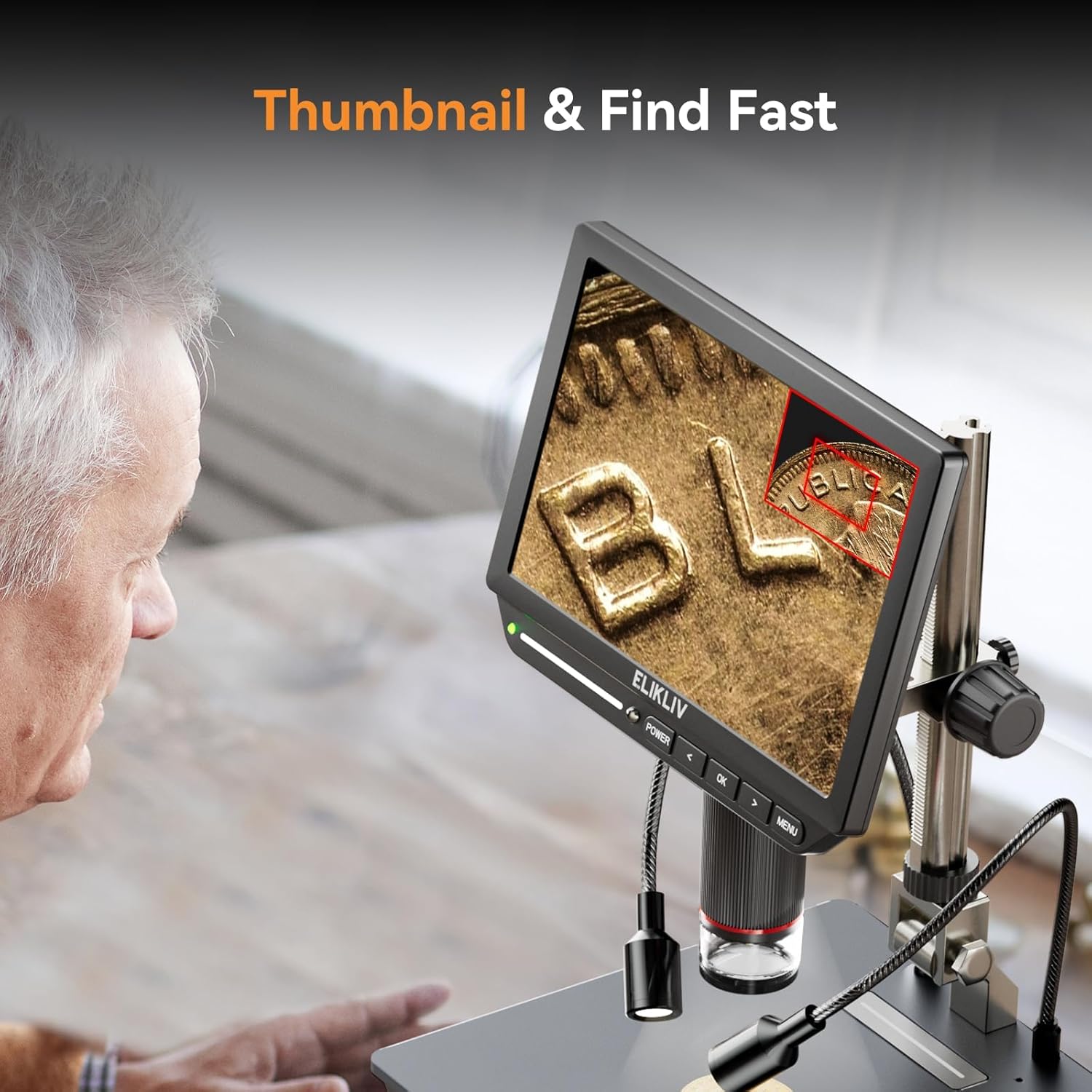 Elikliv EM4K Digital Microscope displaying various zoom levels from 50x to 2000x on circuit board components.