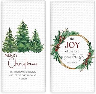 Christian Christmas Tree Wreath Kitchen Towels Set of 2, Religious Christmas Hand Towels, Xmas Dish Tea Towel for Kitchen, Xmas Bible Verse Decorative Hand Towel for Bathroom 16x24inch