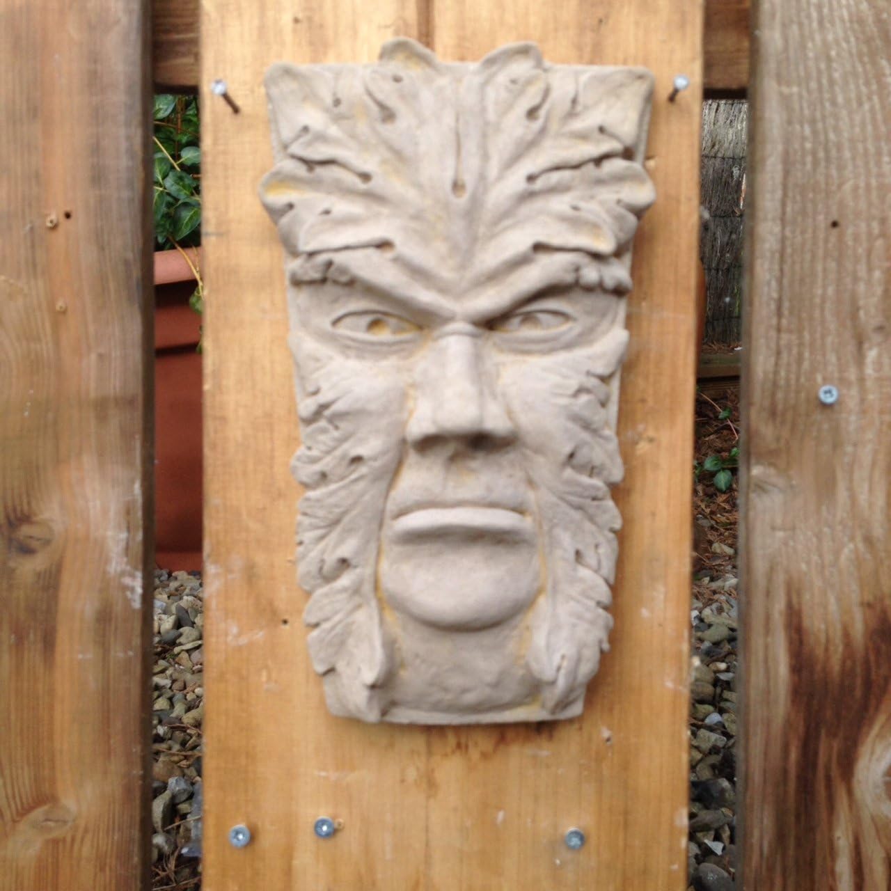 Garden Green Man Keystone. Grumpy Gargoyle Grotesque wall plaque.