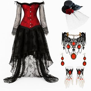 Steampunk Corset Skirt Set Renaissance Dress Set Gothic Bustier Victorian Stockings Earrings Bracelet Lace Choker (Elegance,M)