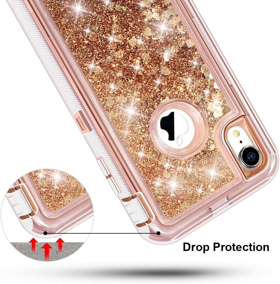 Anuck Case for iPhone XR Case (6.1 inch), 3 in 1 Hybrid Heavy Duty Defender Armor Case Sparkly Floating Liquid Glitter Protective Hard Shell Shockproof Anti-Slip TPU Bumper Cover - Rose Gold
