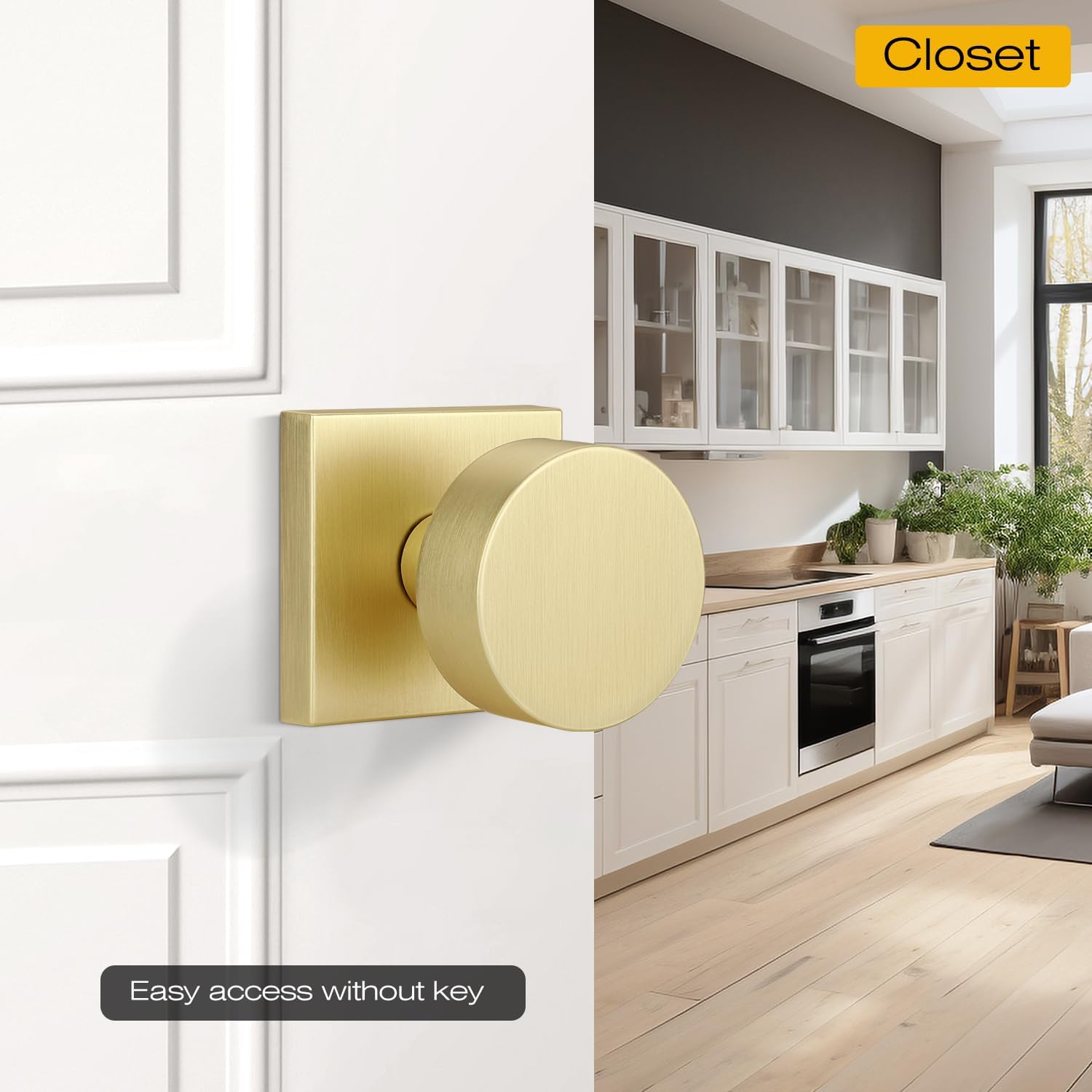 EHOMEWARE 2 Pack Gold Door Knobs Keyless Interior - No Lock Passage Handles for Hallway & Closet, Heavy Duty Universal Handing, Satin Brass Finish