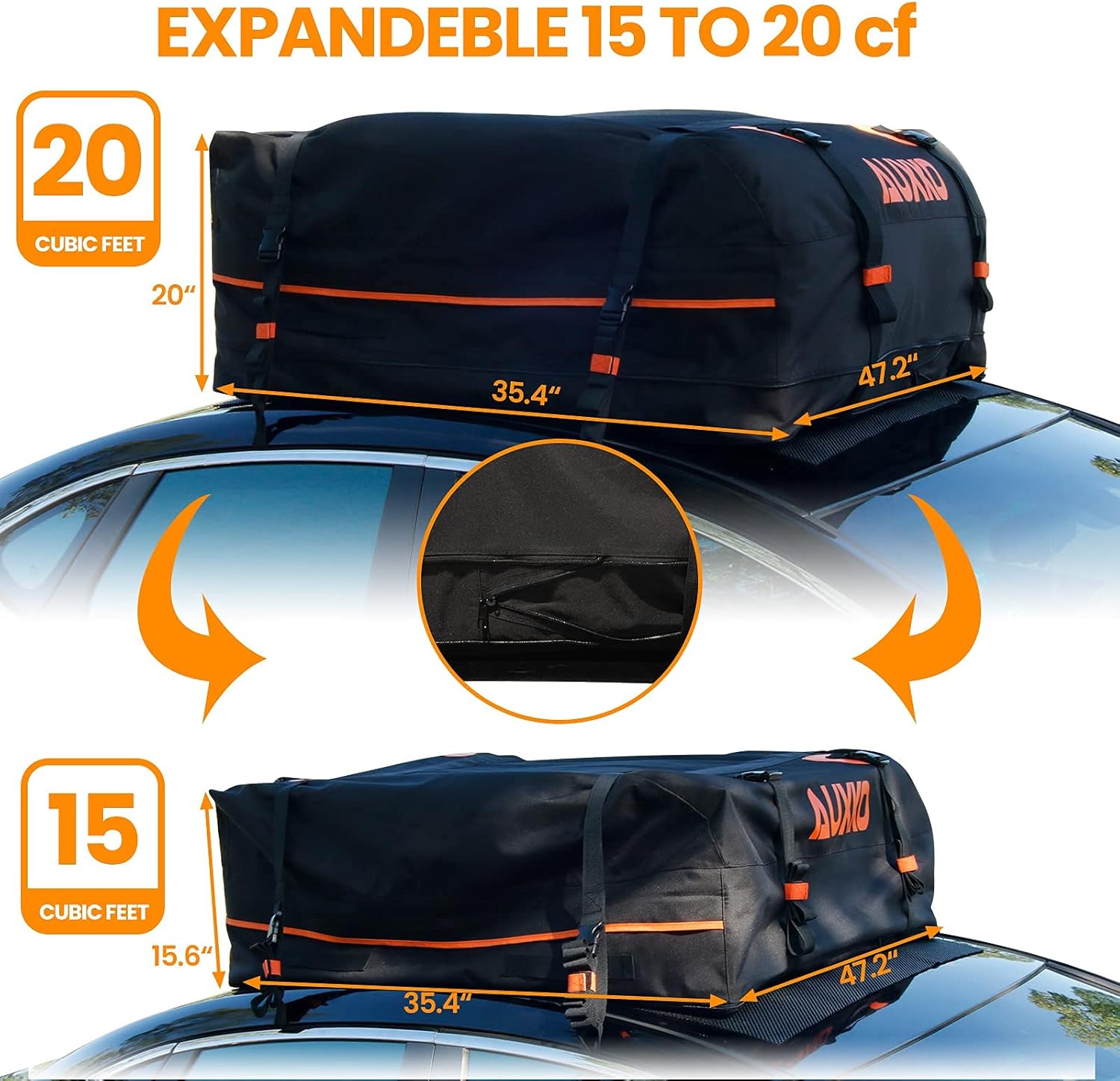 AUXKO Expandable Cargo Roof Bag, 15 Cubic Expands to 20 Cubic ft Waterproof Car Rooftop Carrier Soft-Shell Travel Storage Top Carrier Luggage Bag Fits All Vehicle with/Without Rack : Clothing, Shoes & Jewelry