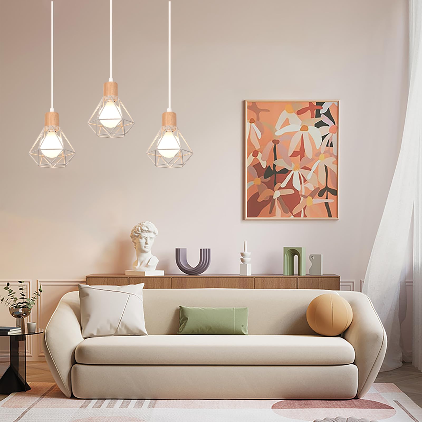 iDEGU 3 Luci Lampadario Industriale in Metallo Legno Lampada da Soffitto Stile Gabbia Bianco Illuminazione E27 Lampada a Sospensione Vintage per Sala da Pranzo Cucina Soggiorno Caffè (Barra)