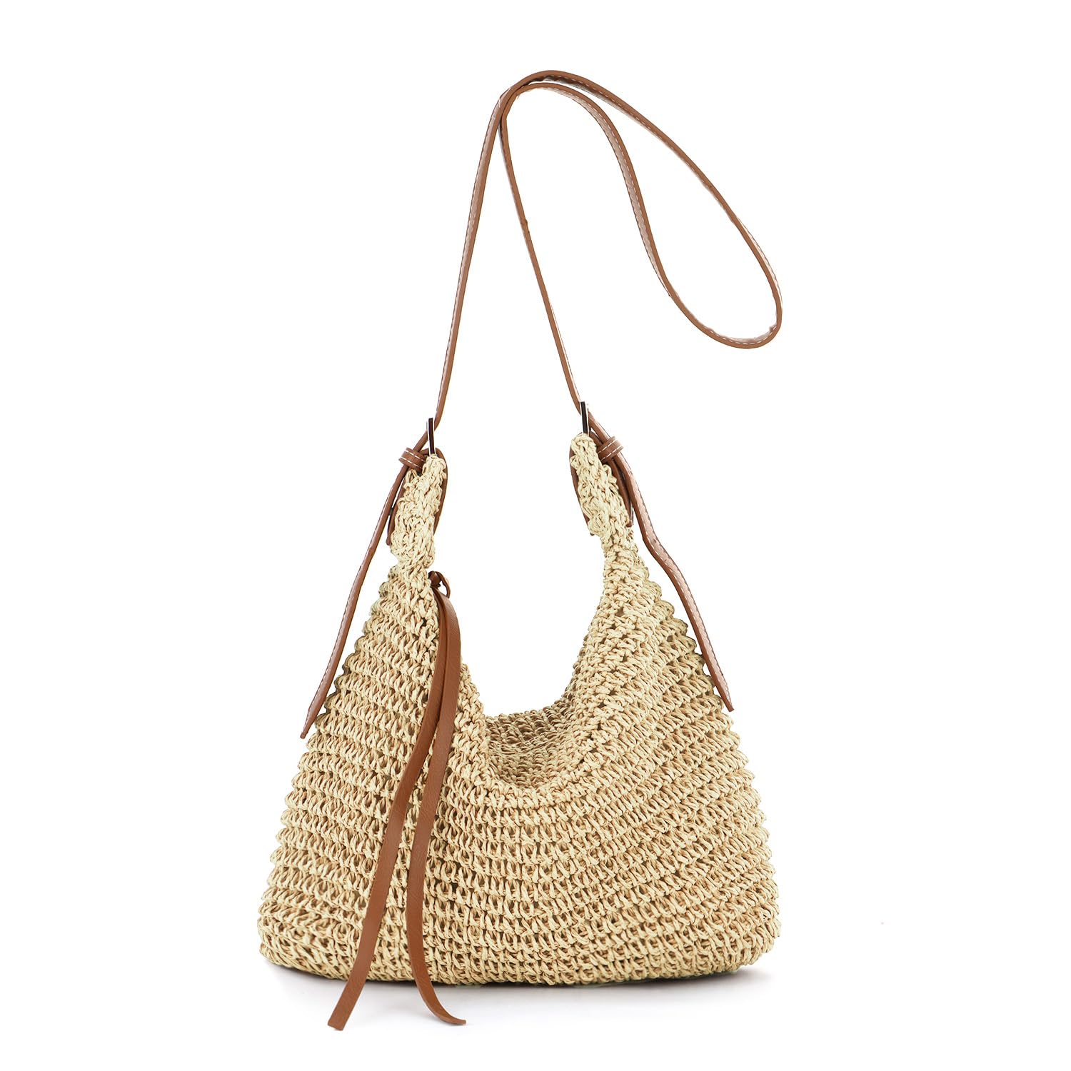 EVEOUT Sac bandoulière en Paille pour Femme Boho Sac d'été Léger en Raphia Tissé avec Sangle Réglable pour Plage Vacances(Beige)