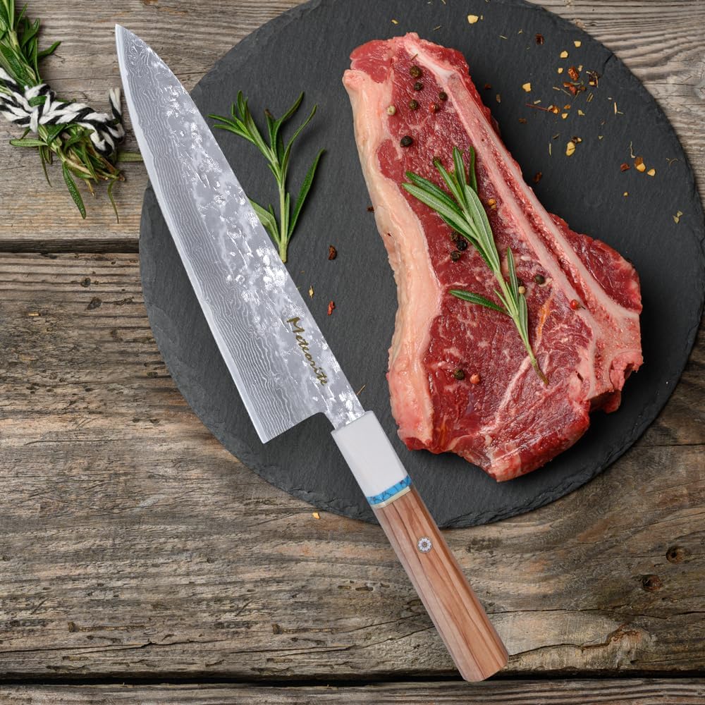 Meteorite Gyuto Japanese All-Purpose Knife, For Meat & Vegetable Prep, Hand-Hammered Starry Damascus, Convex Grind Edge, Olive Wood Handle – Chef Gift IceRaven 210mm