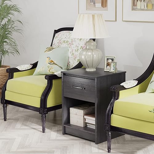 Miniatura 7 de Giantex Mesita de noche con cajón, juego de 2 mesas auxiliares de madera con compartimento de almacenamiento abierto, mesa auxiliar multiusos para
