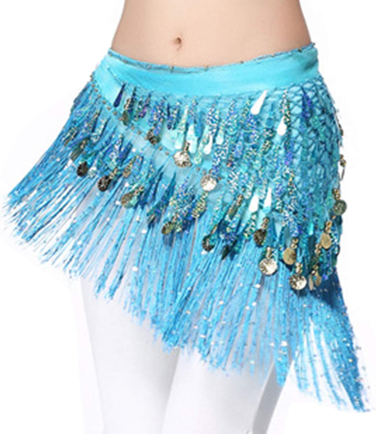 Belly Dance Hip Scarf with Tassels Sequins, Triangle Coins Wrap Skirt Music Festival Clothing