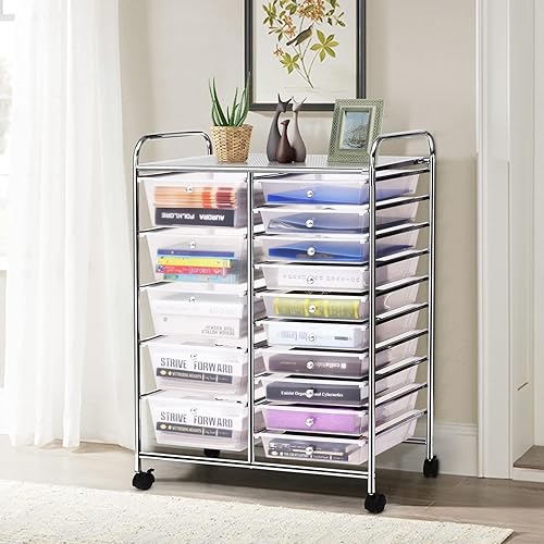 Vista 353 de LDAILY Carrito de almacenamiento con ruedas de 15 cajones, carrito rodante con cajones para aula, organizador de manualidades con ruedas con marco