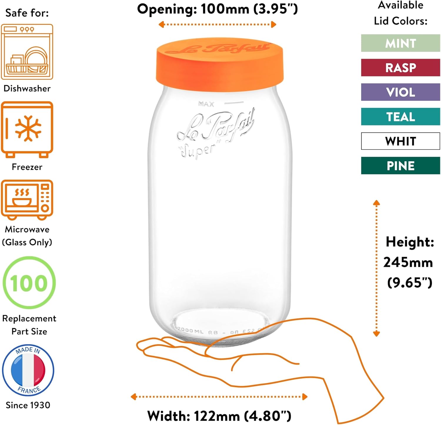 Le Parfait Eco-Friendly Zero Waste Wide Mouth Glass Jar with Airtight Screw Top Lid – Reusable French Storage Jar for Food, Soup, Flour, Sugar, Canning & Baking (2L/64oz, 3 Pack, Teal)