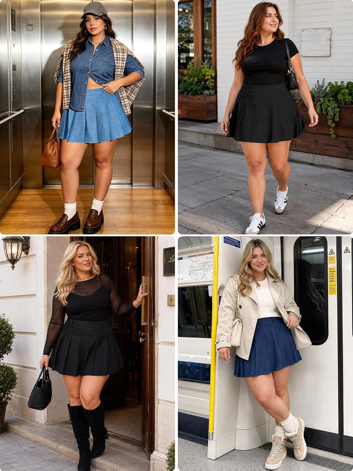 Moon Wood Women Plus Size Denim Pleated Skirt with Shorts Pockets Side Zipper High Waisted A-Line Jean Skort Skirts