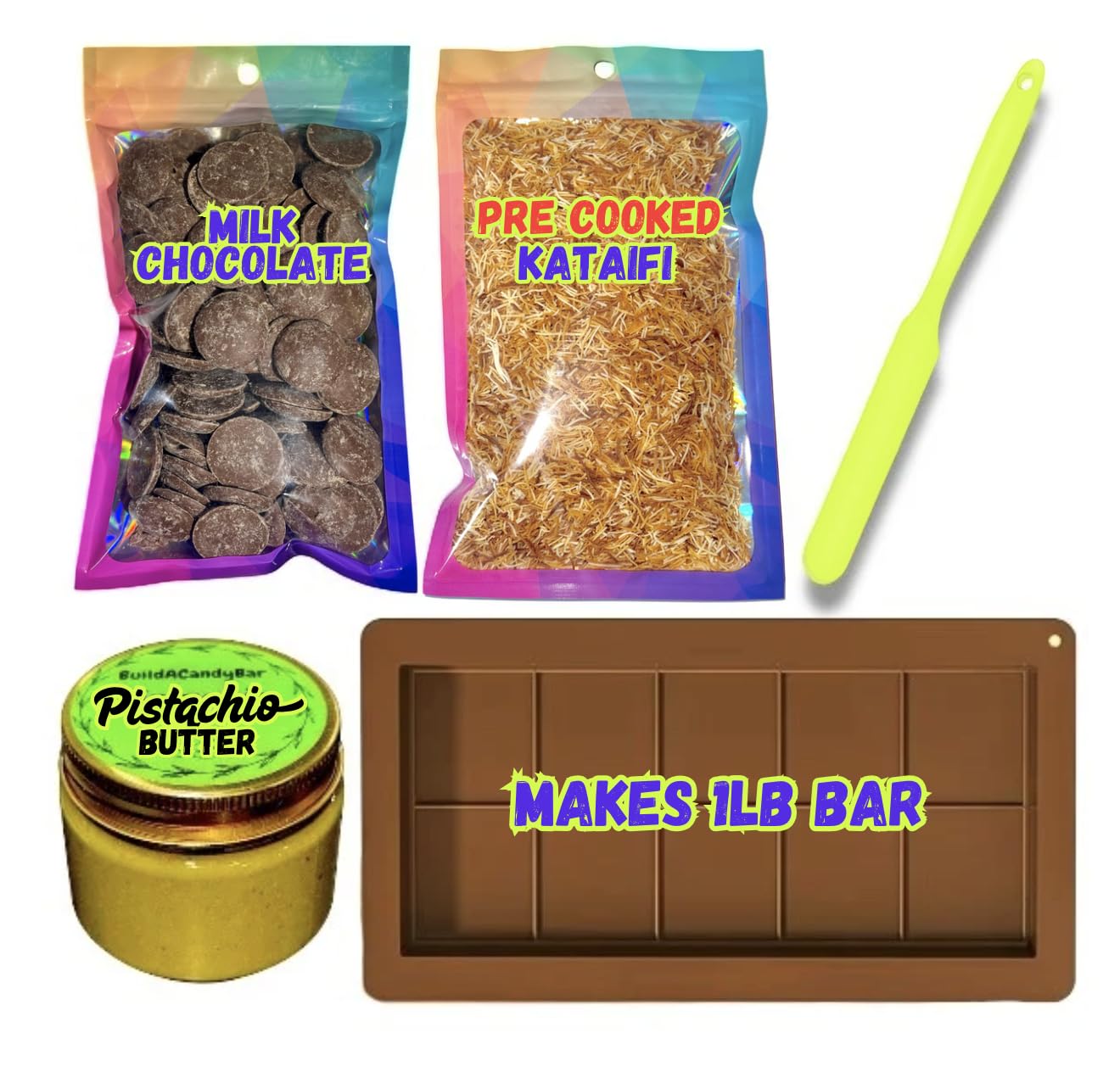 1lb Viral Dubai Chocolate Bar Pistachio Kit - Includes PRE COOKED Shredded Kataifi 7oz, Choc Wafers 12oz, Pistachio Cream 4oz, Spreader, JUMBO Choc Mold- DIY Gift Box Dubai Kit - Great Gift for Sweet Lovers