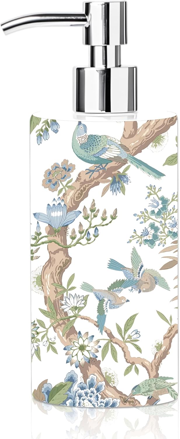 Chinoiserie Blue Green Bird Floral Glass Soap Dispenser with Pump