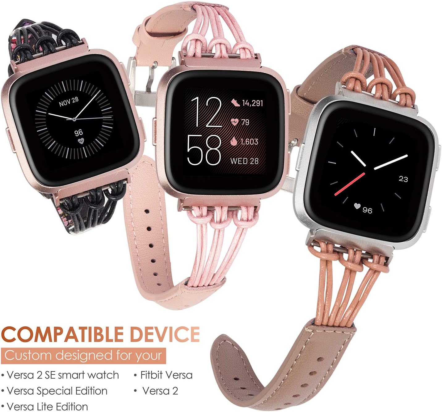 TOYOUTHS Leather Strap Compatible with Fitbit Versa/Versa 2/Versa Lite Bands Women Men Rose Gold Slim Premium Handmade Replacement Versa Special Edition Fitness Wristband Bracelet Accessories