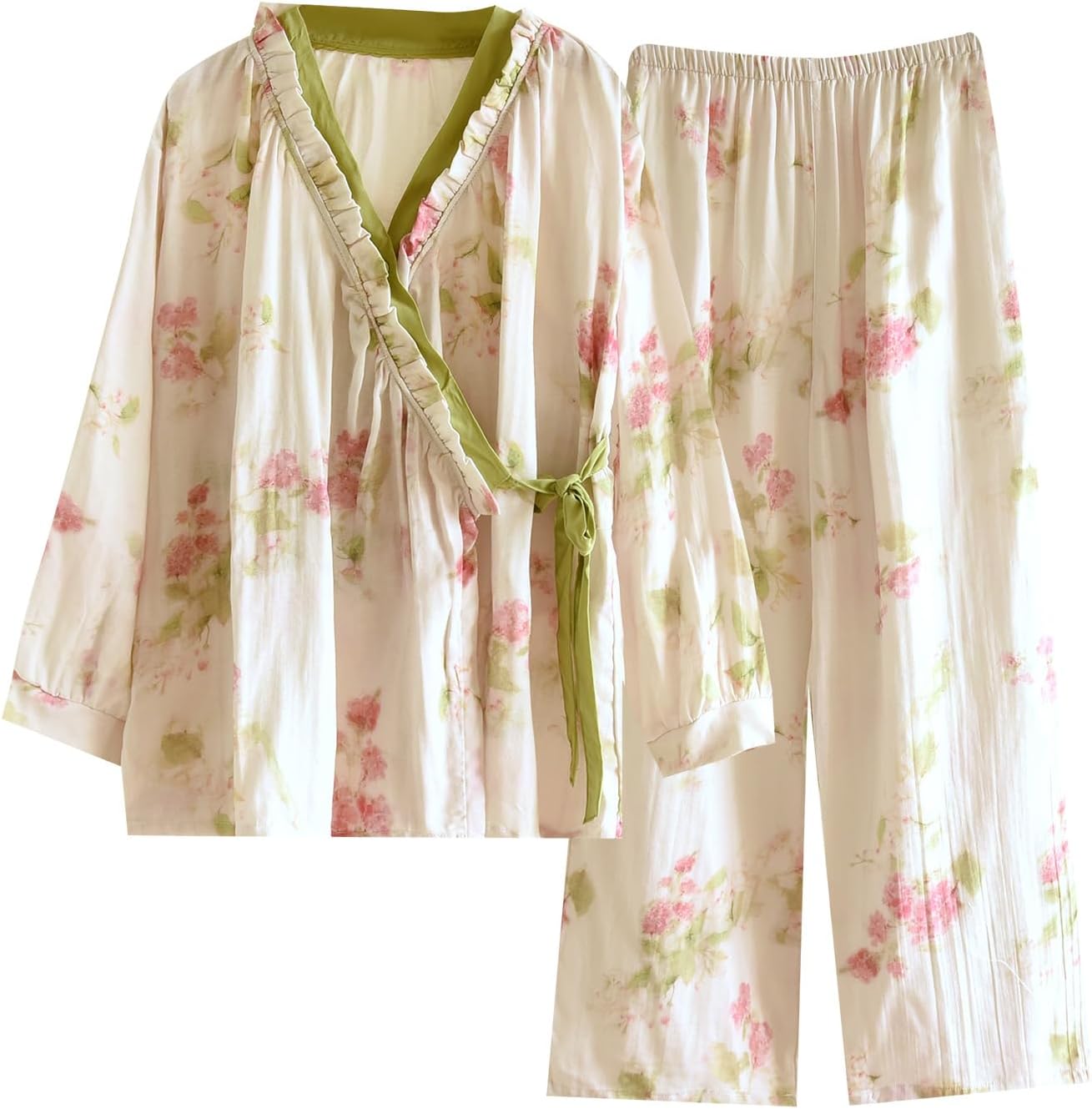 Womens Floral Cotton Pajama Set – Soft Sleepwear with Kimono Wrap Top & Elastic Waist Pants