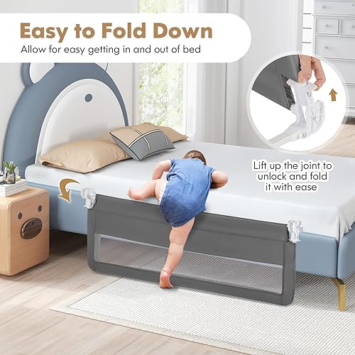Vista 10 de Costzon Riel de cama para niños pequeños, 2 protectores de cama de seguridad extra largos con correas para cuna convertible, cama individual, doble