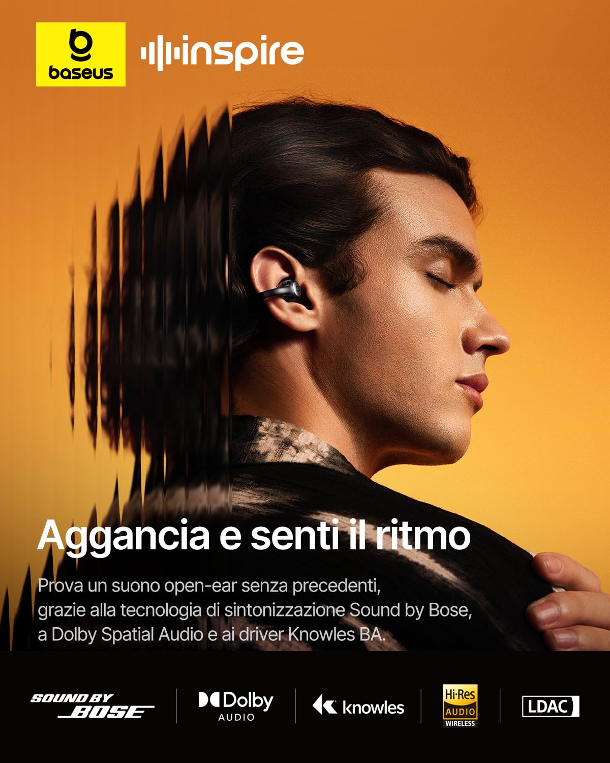 Baseus Inspire XC1 Cuffie Open-Ear, Sound by Bose, Cuffie Bluetooth Cloud Comfort, con Dolby Audio | Hi-Res | Driver Ibrido a 2 Vie | Tweeter Knowles BA, Autonomia 40 h, IP66, AI-Clear Calls