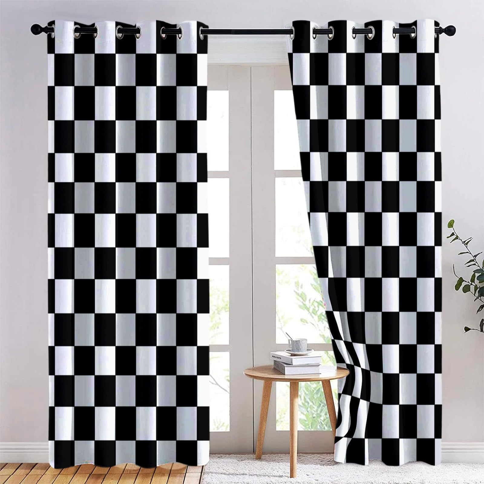 Rideau Occultant Thermiques Damier Noir Et Blanc Rétro Minimaliste - Lot De 2 Rideaux Noir Et Blanc pour Salon Chambre Fenetre Cuisine, Rideaux Et Draperies Intérieurs À Oeillets, 140 X 260 Cm (Lxh)