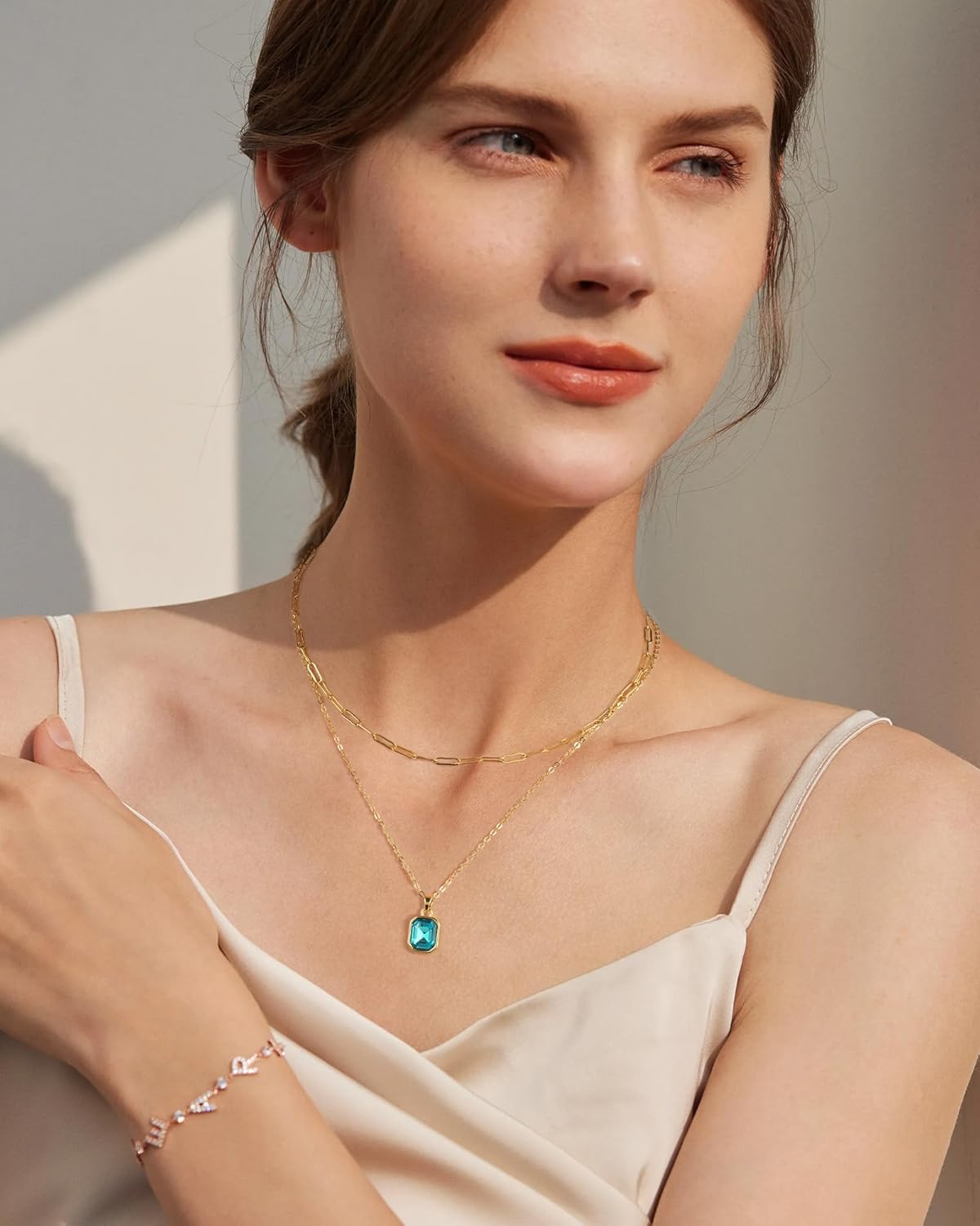 Gold Layered Necklaces for Women, 18k Gold Plated Crystal Necklace Paperclip Choker Emerald Green Jewelry for Women Gifts - Image 3