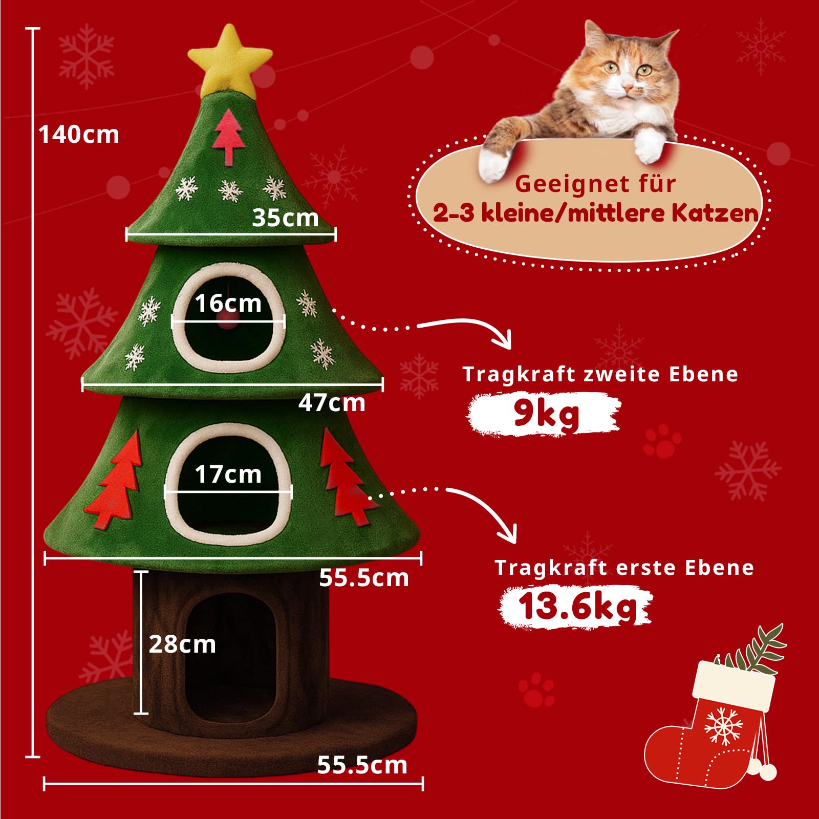 COMHOMA Kratzbaum 135 cm hoch, Weihnachtsbaum-Design, mehrstöckiger Katzenbaum mit Katzenhaus, mit Kratzsäulen Spielball Stabiler Kletterbaum für Katzen, grün