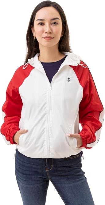 U.S. POLO ASSN. Womens Hooded Raglan Sleeve Varsity Windbreaker W/Piping Poly Mesh Lining