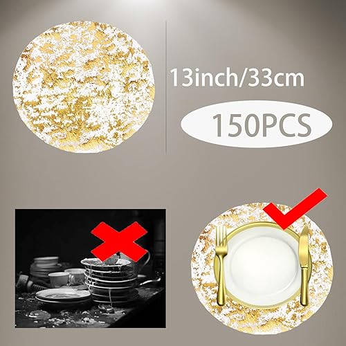 Miniatura 3 de Juego de 150 manteles individuales desechables de lámina dorada, juego de camino de mesa redondo metálico de 13 pulgadas, tapetes de papel prensado