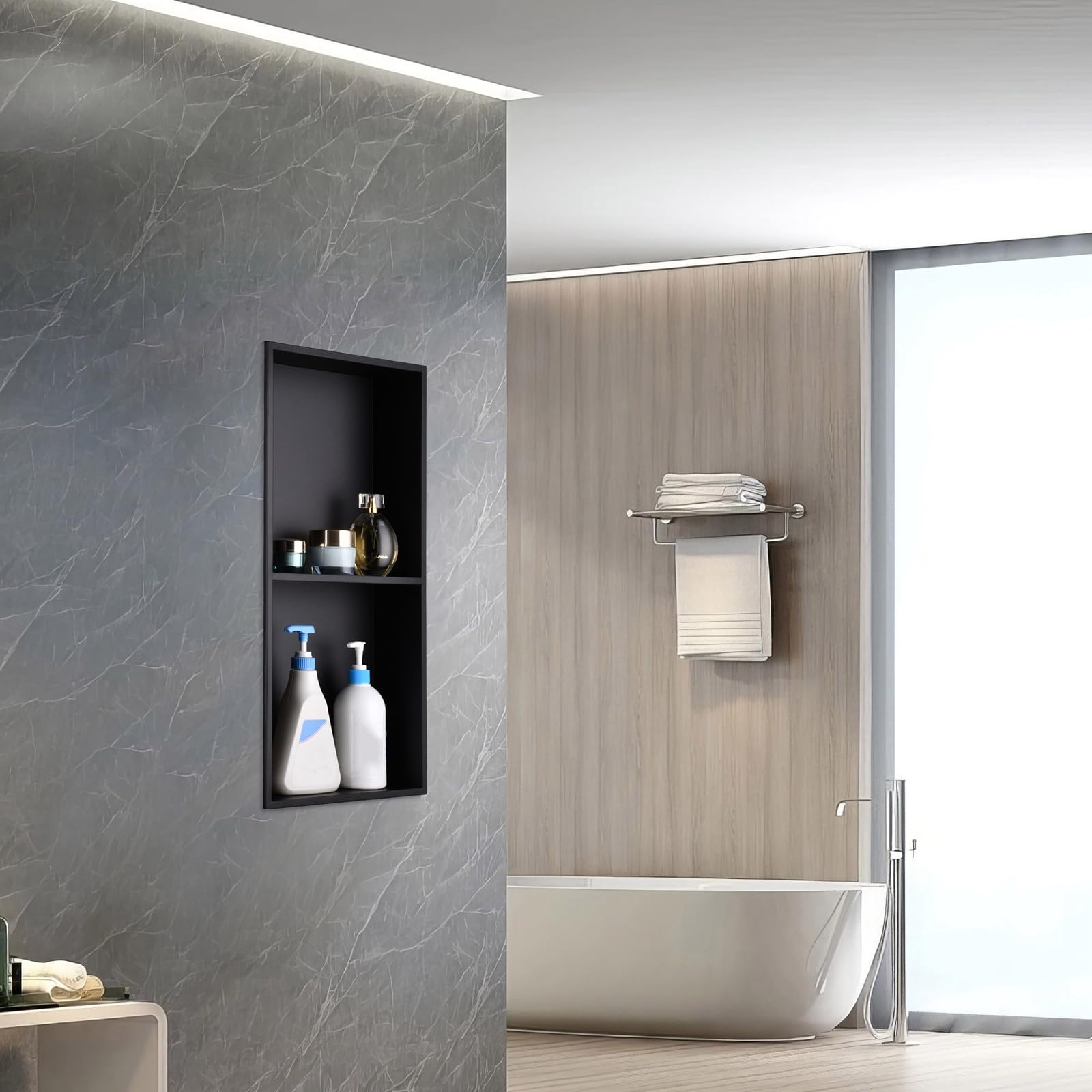 Nicho de ducha de acero inoxidable, 60 x 30 cm, color negro | 2 pisos | Nichos empotrables impermeables, solución de almacenamiento de diseño para baño moderno