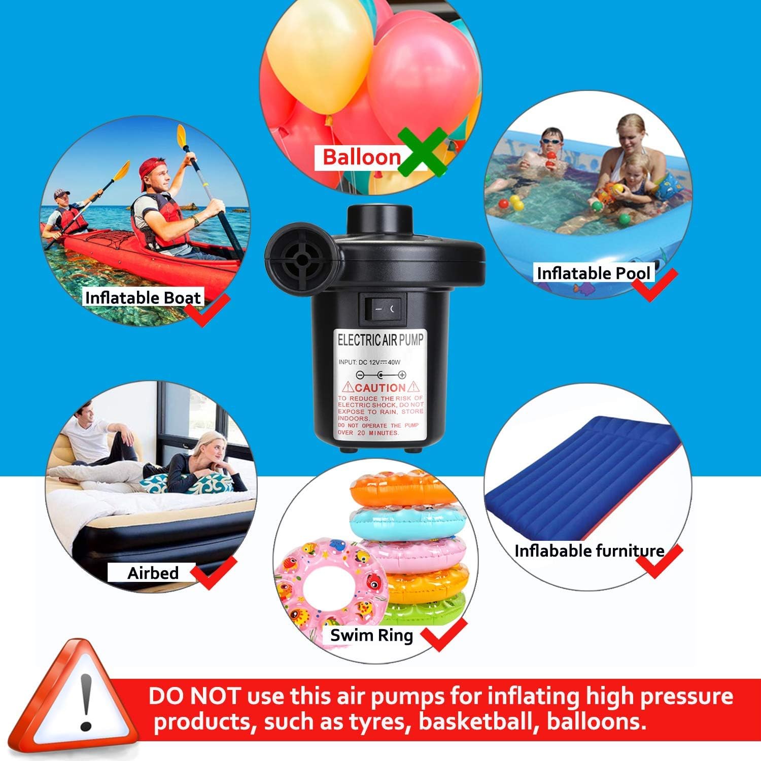 AGPTEK Electric Air Pump Usage Examples and Warnings