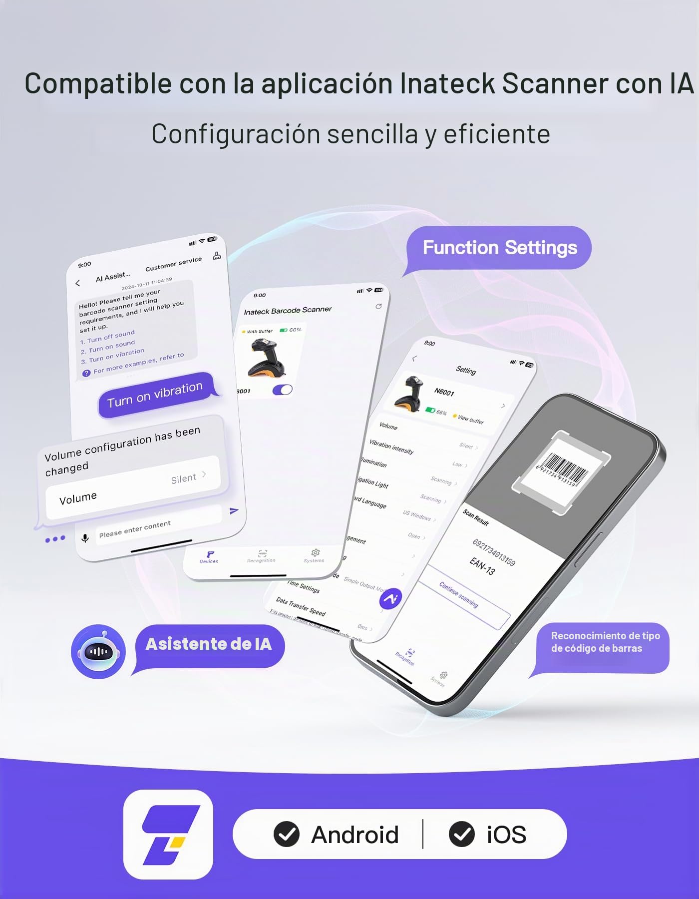 Inateck Escáner de Códigos de Barras Inalámbrico 2D con Pantalla, Doble Sensor CMOS CCD para Códigos Largos y Borrosos, Lector QR Bluetooth con Base de Carga, Teclado de Configuración, Soporta App SDK