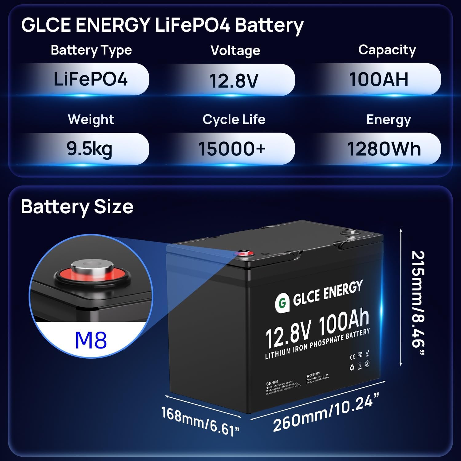 GLCE ENERGY LiFePO4 Battery specifications and dimensions