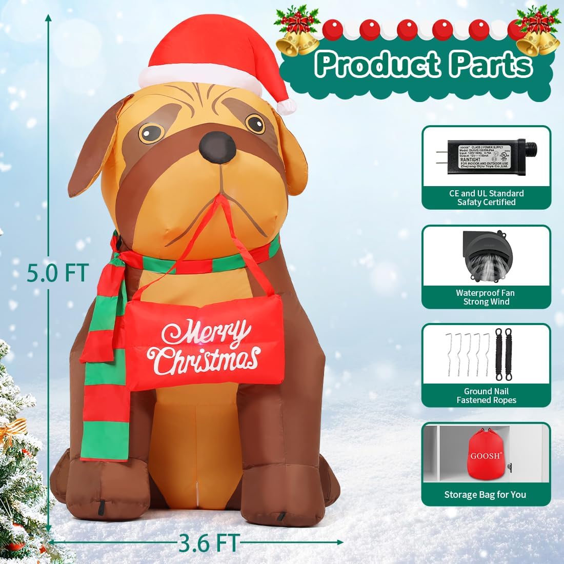 GOOSH 5 FT Christmas Inflatables Outdoor Decorations, Xmas Blow Up Cute Dog Inflatable with Built-in LEDs for Christmas Indoor Outdoor Yard Lawn Garden Winter Decorations