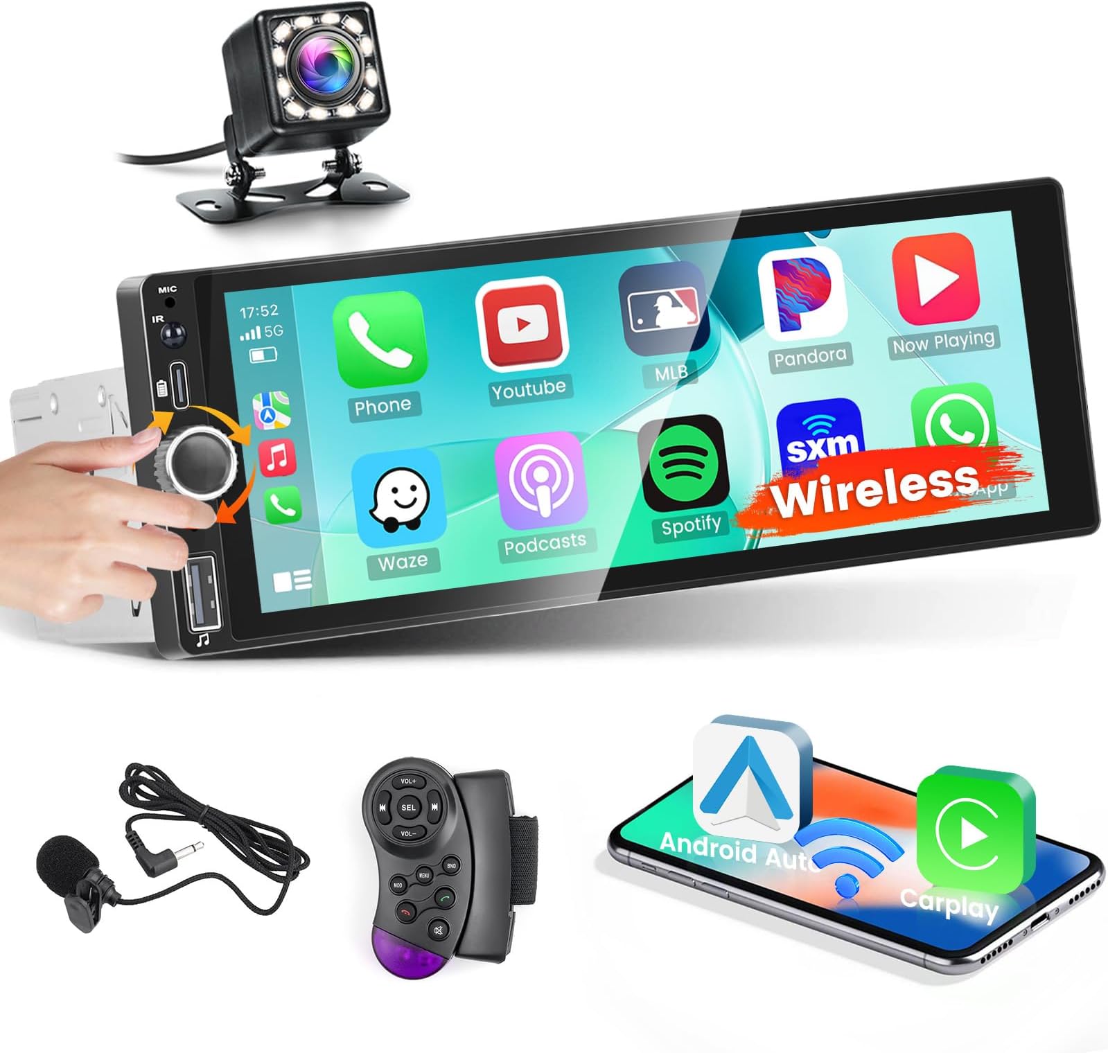 Podofo Carplay sans Fil Autoradio 1 DIN Android Auto 7 Écran Tactile