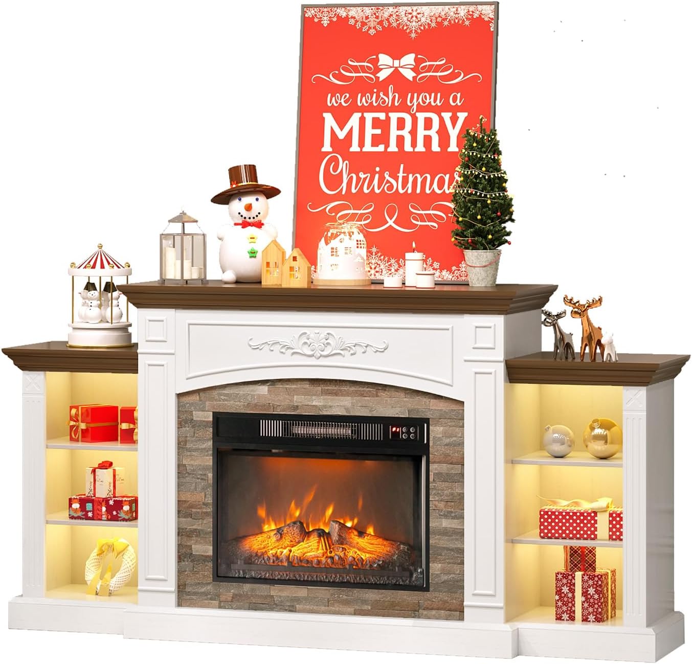 VINGLI 70'' Fireplace TV Stand for 80 inch TVs, Electric Fireplace with Mantel, Modern Entertainment Center with LED, TV Console Table with Adjustable Shelves, Living Room, Distressed White & Barnwood