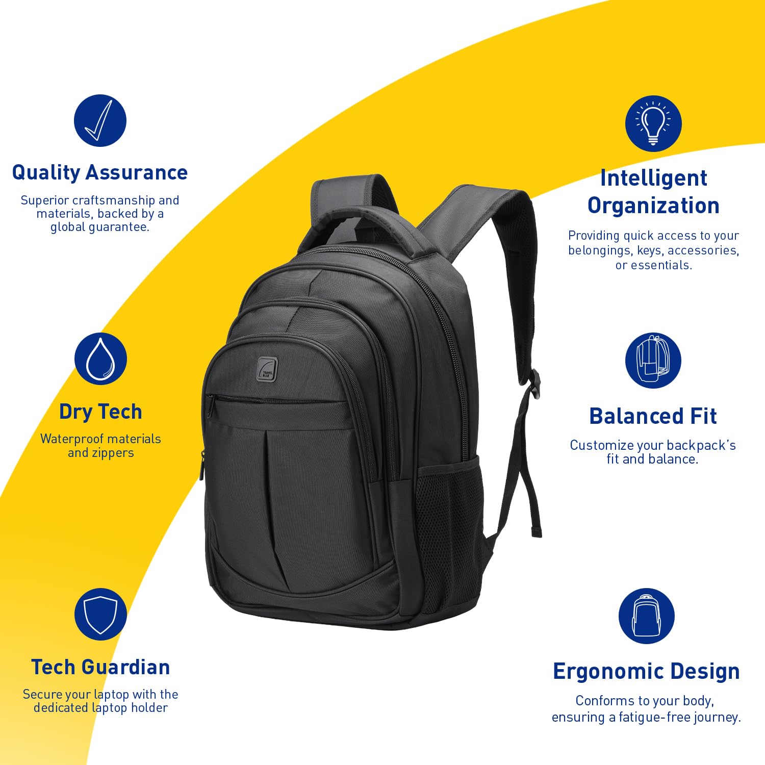 Travel Blue Isola - Zaino per laptop da 28 l, grande zaino da lavoro con scomparto imbottito per laptop, con porta di ricarica USB, scomparti organizer e scomparti per bottiglie, 100% poliestere